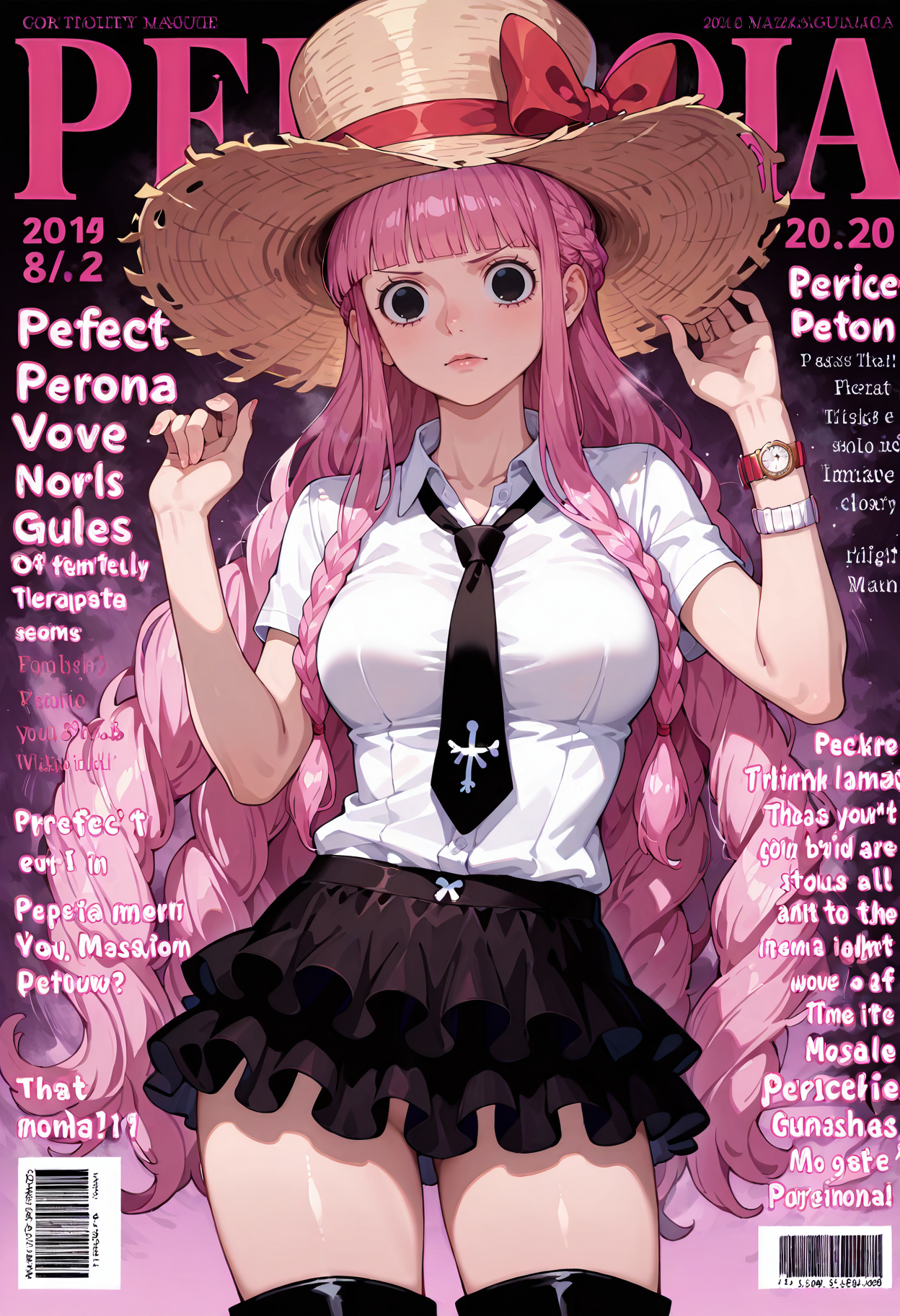 <lora:add-detail-xl:1>,masterpiece,best quality,absurdres,highres,detailed eyes,beautiful,detailed background,perfect eyes,realistic,
<lora:magazine-cover-illustriousxl-lora-nochekaiser:1>,magazine cover,fake magazine cover,english text,cover,fake cover,price,cover page,text focus,barcode,dated,cowboy shot,sexy pose,
<lora:perona2:1>,perona2,1girl,hat,pink hair,skirt,long hair,shirt,necktie,bow,top hat,bracelet,miniskirt,jewelry,straw hat,boots,black eyes,white shirt,black skirt,frills,watch,red bow,ribbon,hat ribbon,pants,braid,short sleeves,shoes,black footwear,black necktie,