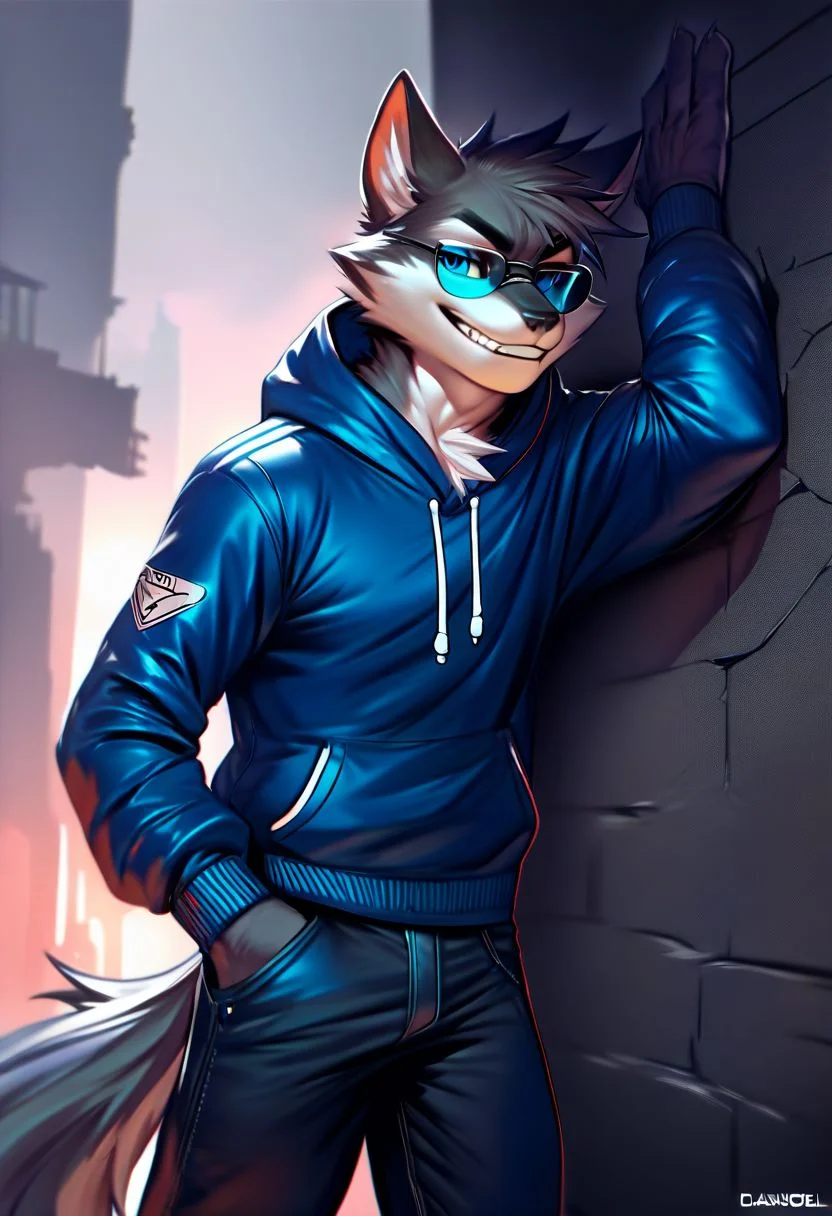 Teemo (league of legends), gray cat, one fluffy cat tail like a wolf, (high quality, high resolution, masterpiece), solo, anime work smiling, man, slender body, key visual, bright, studio anime, high detail Milkytiger1145:0.9, author granato : 0.5, blue eyes, gray fur, blue hoodie, black jeans, solo, leaning against the wall, glasses on eyes, winter and black shades of the suit with white and blue elements, spaceship,(by chunie, by darkgem, by bassenji, by nurinaki, source_furry, score_9, score_8_up, score_7_up, score_6)