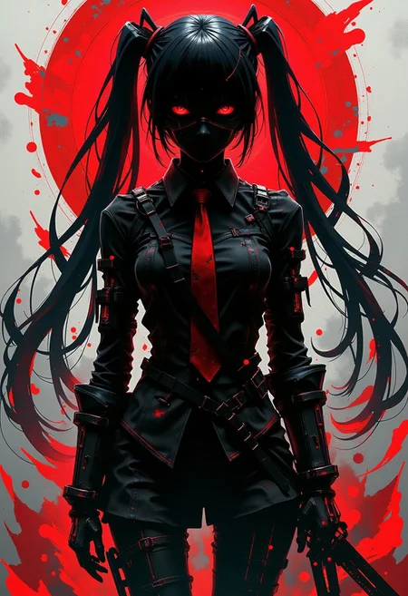 silhouette art, a cybernetic assassin dressed as Hatsune Miku, chiascuro, red glowing eyes, abstract dark cyberpunk background