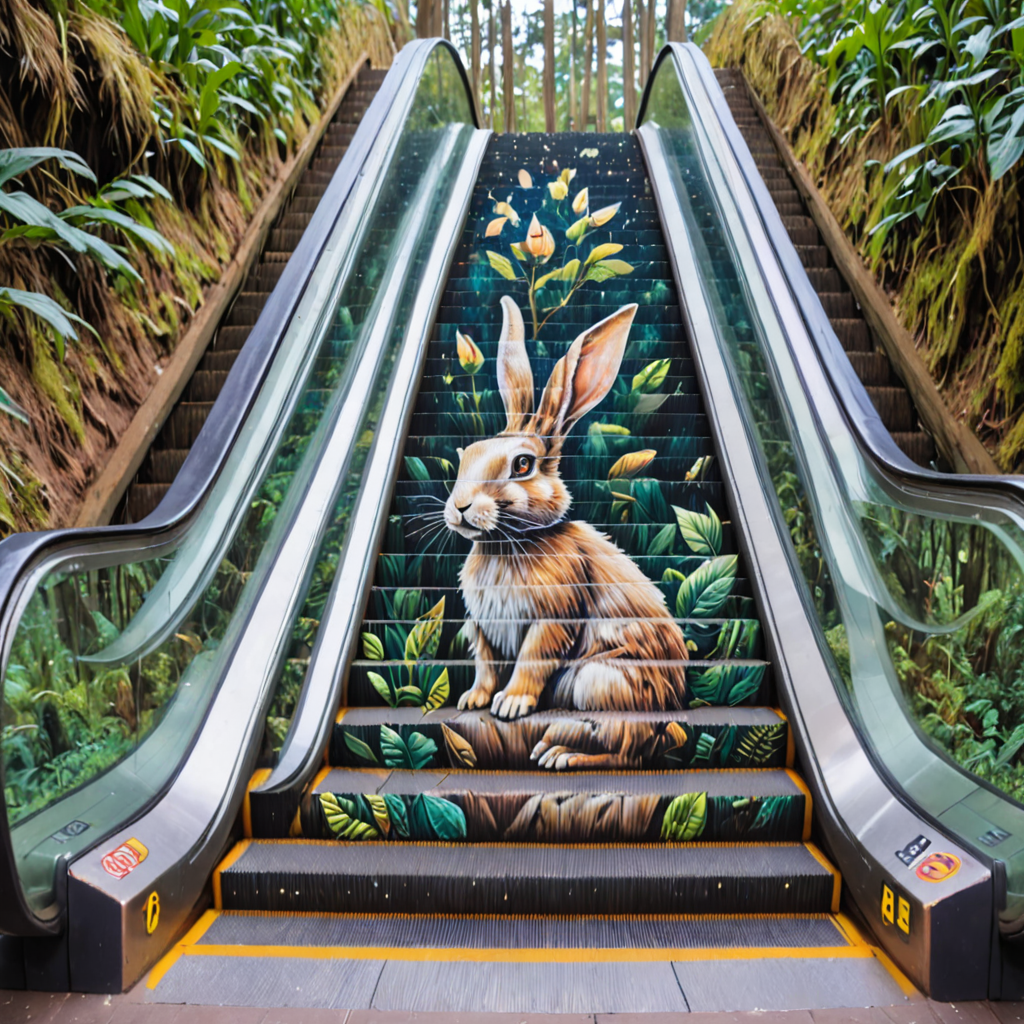 escalator, a rabbit, forest, escalator-art <lora:escalator-art6:1>