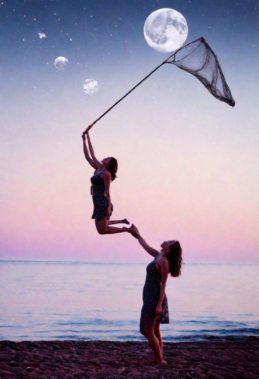 F-B-C, foreground: a woman with a net  , background: full moon in the sky   , effect: the woman catches the moon in her net