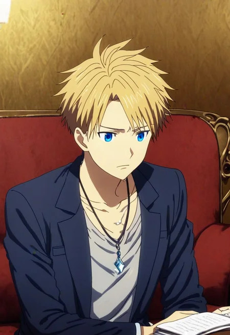 high resolution, professional photography, solo, best quality, 1Boy, Yamato Ishida, Blond Hair, Deep Blue Eyes, Necklace, lovely, deep talk, helpless. sit, couch, OverallDetail
