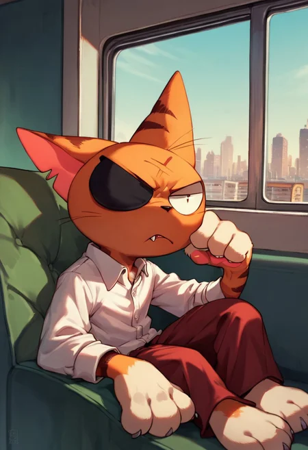 matatabi_ckc, solo, furry male, furry, looking away, orange fur, eyepatch, male, cat, scar, annoyed, bored, narrowed eyes, half closed eyes, closed mouth, fangs, 1 eye, eye, sitting on couch, train setting, lazy, relaxed, window, city, (((score_9, score_8, score_7, high quality, high detail, detailed face, good anatomy)))