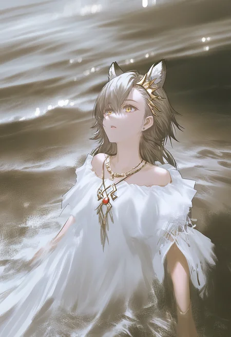 1girl, solo, animal ears, wolf ears, jewelry, off shoulder, official alternate costume, dress, white dress, upper body, extra ears, parted lips, necklace, long hair, bare shoulders, yellow eyes, water <lora:YLXL_NBVP1_lokr_V6311P:0.95>