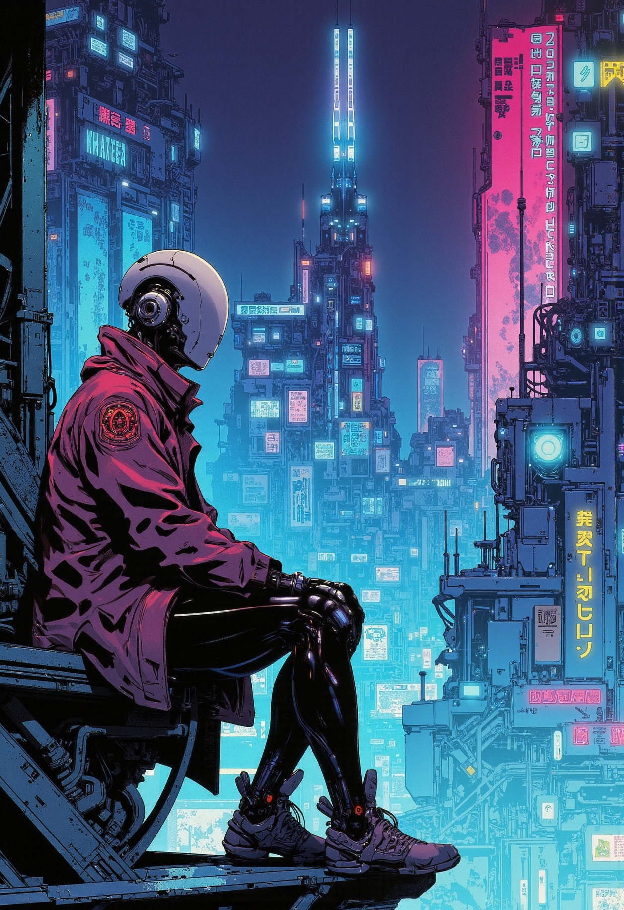 80s anime cel art, retro manga style, line art, faceless android. Sleek chrome body with visible seams, sitting contemplative on a metal girder overlooking a sprawling, neon-drenched megacity at night. Wears a worn pilot jacket draped over its shoulders. Lighting is atmospheric, dominated by ambient city glow and sharp neon reflections on its smooth head. Focus on isolation, retro-futuristic design, and atmospheric perspective.