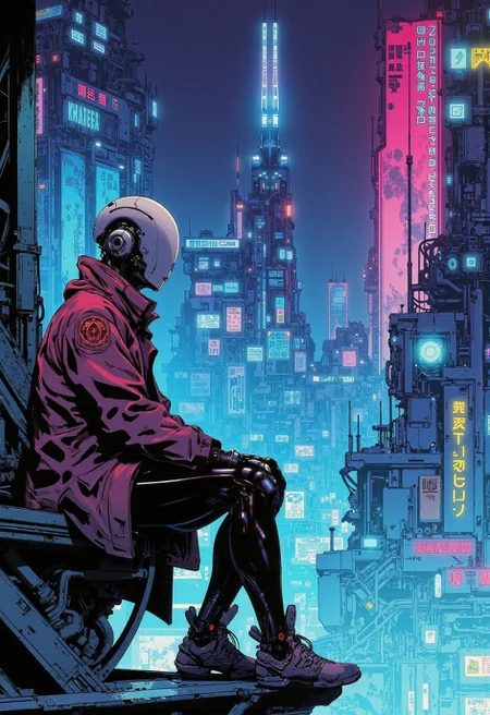 80s anime cel art, retro manga style, line art, faceless android. Sleek chrome body with visible seams, sitting contemplative on a metal girder overlooking a sprawling, neon-drenched megacity at night. Wears a worn pilot jacket draped over its shoulders. Lighting is atmospheric, dominated by ambient city glow and sharp neon reflections on its smooth head. Focus on isolation, retro-futuristic design, and atmospheric perspective.