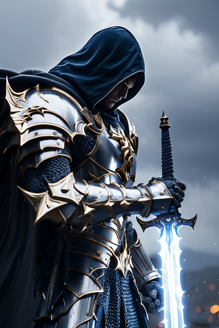 Cinematic shot of a hooded lightning knight wearing a armor, holding thunder lightning sword by the handle, sword pointing down, heaven in background, raining reflective light, HKStyle, HD, masterpiece, best quality, hyper detailed, ultra detailed, super realistic