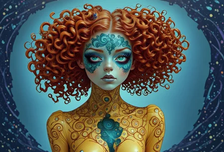 female fatal, portrait, full body view, curly red hair, blue glitter, surreal, dressed in yellow, The composition includes overlapping orange circles, sharp-edged violet polygons, green spirals and fractal shapes