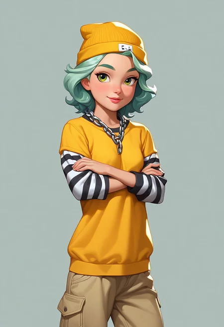 score_9, score_8_up, score_7_up, mercasg, BREAK 1girl, young, solo, small breasts, yellow knitted hat, ((bright light green medium hair:1)), green eyebrows, green eyes, wide silver chain around neck, BREAK (yellow short T-shirt with short sleeves over sweatshirt:1.5), ((black and white striped long sleeves on sweatshirt under T-shirt:1.5)), navel, brown pants, ((silver chain hanging on pants:1.2)), BREAK arms crossed on the chest, looking at viewer, standing, cowboy shot, semi-sideways, half-sideways, BREAK simple background, gray background