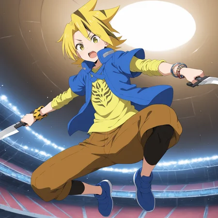 <lora:Noboru_Kodo>,noboru kodo,1boy,weapon,male focus,solo,holding knife,dual wielding,holding,open mouth,jumping,shorts,shirt,pants,bracelet,short over long sleeves,blue short-sleeved jacket,open jacket,yellow shirt,brown shorts,wristband,leggings,short over long sleeves,blue-grey footwear,building,ceiling,stadium,masterpiece,high score,great score,absurdres,