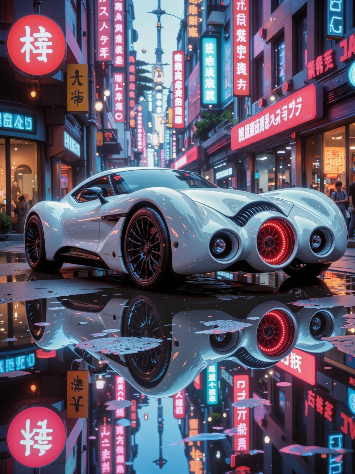 hyper-realistic, photo-realistic, 8k, 4k, science fiction, perfect reflections, cinematic, a highly detailed, high-resolution photo of a futuristic white sports car, reminiscent of a classic aston martin, on the rain-soaked street of a vibrant, neon-lit cityscape. its most prominent feature is a jet turbine intake instead of a grille, it features a polished exterior with red glowing accents around the turbine intake and rims. the headlights are aerodynamic and detailed, with a modern, futuristic look. the car's body is smooth and glossy, reflecting the surrounding city lights and creating a mirror-like effect on the wet pavement, suggesting a recent rain. the camera angle is low, emphasizing the sleek, aerodynamic design of the vehicle. the background is a bustling urban street lined with tall buildings and colorful neon signs in various languages, predominantly red, blue, and pink, contributing to the vibrant, lively atmosphere. the signs illuminate the scene with a mix of cool and warm tones, creating a dynamic interplay of light and shadow. the wet pavement and reflections add a realistic texture, enhancing the immersive feel of the scene. the reflections of the neon lights and the car on the ground create a symmetrical composition that draws the viewer's eye towards the car, making it the focal point of the image. overall, the image combines elements of modern urban life with a hint of science fiction, creating a visually captivating and detailed artwork, sleek and streamlined design, neon lights, <lora:futucars-flux-by_ciro_negrogni:1.0> <lora:style-blade_runner_1982-flux-by_ciro_negrogni:0.32>