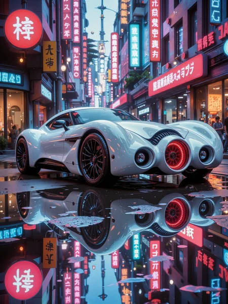 hyper-realistic, photo-realistic, 8k, 4k, science fiction, perfect reflections, cinematic, a highly detailed, high-resolution photo of a futuristic white sports car, reminiscent of a classic aston martin, on the rain-soaked street of a vibrant, neon-lit cityscape. its most prominent feature is a jet turbine intake instead of a grille, it features a polished exterior with red glowing accents around the turbine intake and rims. the headlights are aerodynamic and detailed, with a modern, futuristic look. the car's body is smooth and glossy, reflecting the surrounding city lights and creating a mirror-like effect on the wet pavement, suggesting a recent rain. the camera angle is low, emphasizing the sleek, aerodynamic design of the vehicle. the background is a bustling urban street lined with tall buildings and colorful neon signs in various languages, predominantly red, blue, and pink, contributing to the vibrant, lively atmosphere. the signs illuminate the scene with a mix of cool and warm tones, creating a dynamic interplay of light and shadow. the wet pavement and reflections add a realistic texture, enhancing the immersive feel of the scene. the reflections of the neon lights and the car on the ground create a symmetrical composition that draws the viewer's eye towards the car, making it the focal point of the image. overall, the image combines elements of modern urban life with a hint of science fiction, creating a visually captivating and detailed artwork, sleek and streamlined design, neon lights, <lora:futucars-flux-by_ciro_negrogni:1.0> <lora:style-blade_runner_1982-flux-by_ciro_negrogni:0.32>