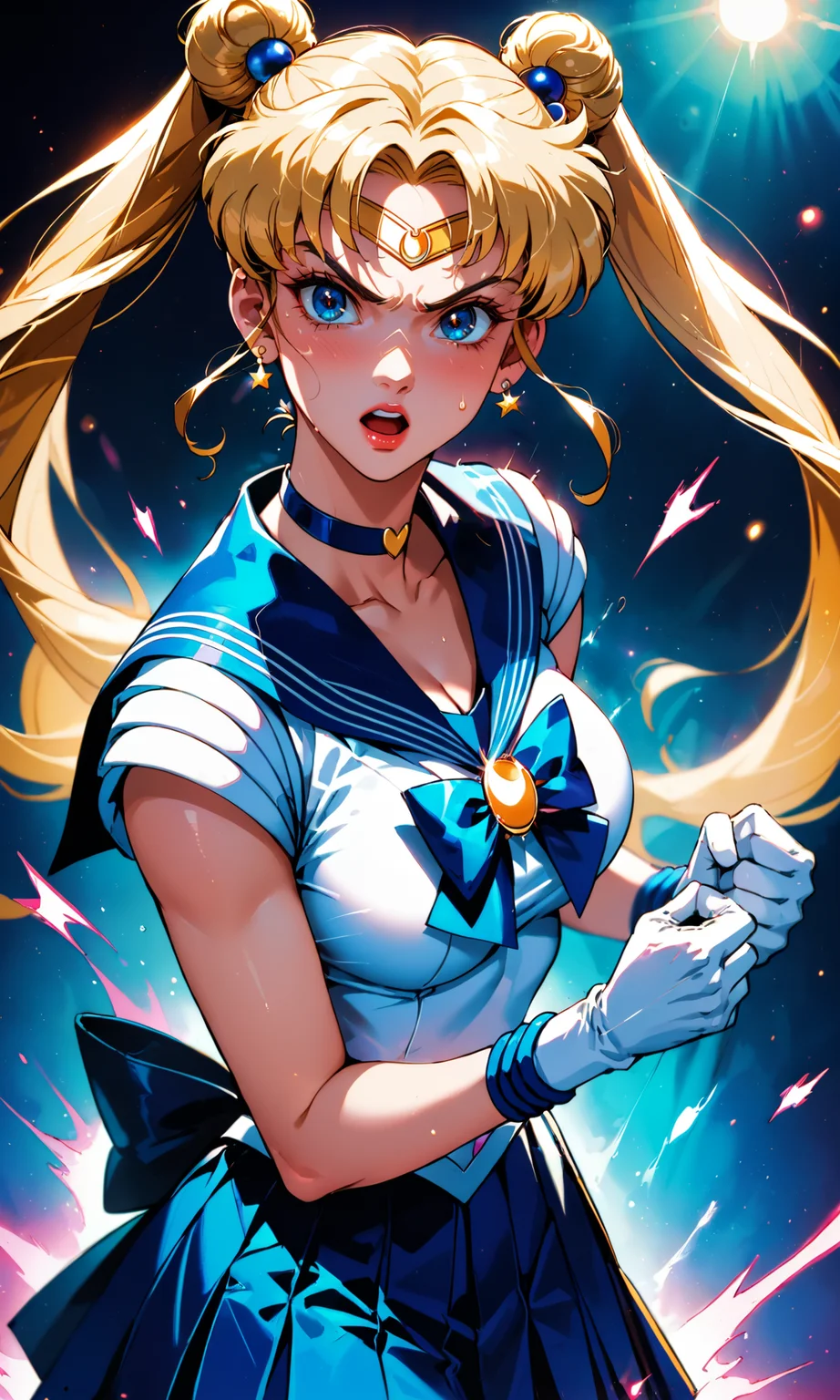 4n1v3rs3 score_9, score_8_up, score_7_up, BREAK
(masterpiece, best quality), Tsukino Usagi, Sailor Moon, long flowing blonde hair with twin tails, wearing her Sailor Scout uniform, mid-transformation sequence, dynamic and dramatic pose, glowing transformation effects, determined and focused expression, 2d anime style, intricate details in her uniform and transformation effects, magical and energetic atmosphere, depth of field, volumetric lighting, high dynamic range, vibrant and colorful environment, sense of action and urgency
white gloves,