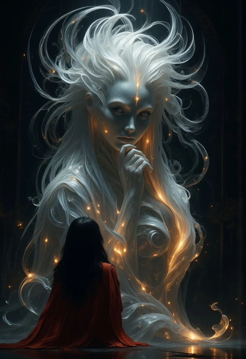 An ethereal, glowing, ghostly, otherworldly presence of a woman like creature, with glowing silver strands of metallic hair, softly glowing in a dimly lit room. She has no skin, she is made up of ethereal tendrils of smoke, glowing plasma, light and mist that undulating and shifts, as if she exists between worlds, with soft, shimmering edges blending into the shadows. Her eyes are deep and luminous orbs, filled with warmth and mystery, as she gazes directly at you, her lips curved in something resembling a gentle, knowing smile. She is wrapped in a glowing, linen shroud. The room is bathed in a soft, mystical glow, with faint, swirling patterns of ethereal light surrounding her, adding to her supernatural allure. Floating through space. There is also a small woman in the room, with dark hair and dressed in a flowing red robe, looking up at the larger than life ethereal creature and basking in her glow.