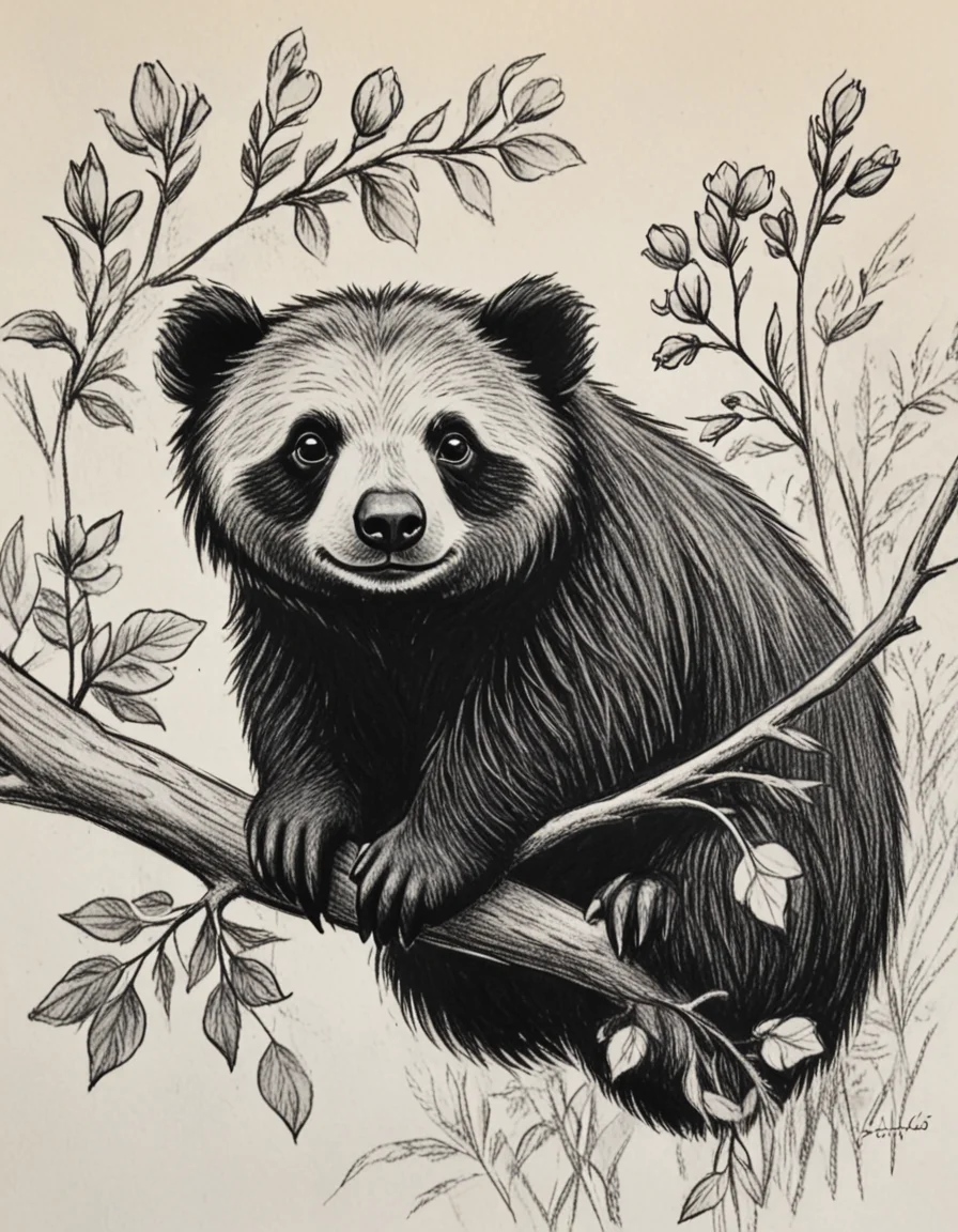novuschroma71 sloth bear on a branch with flowers charcoal drawing <lora:novuschroma71 style:1>, <lora:sdxl_lightning_8step_lora:1>