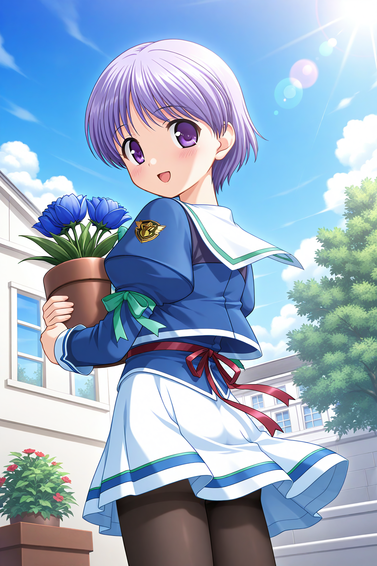 masterpiece, best quality, absurdres, official art, official style, rating general BREAK <lora:tachibanachihiro_IL_v1-3-000025:0.7>, tachibana chihiro, 1girl, solo, purple eyes, light purple hair, short hair, bangs, flat chest, winter uniform, school uniform, sailor collar, white sailor collar, green bowtie, blue jacket, juliet sleeves, emblem, arm ribbon, green ribbon, purple vest, back bow, red ribbon, white skirt, blue line skirt, miniskirt, black pantyhose, flat ass, smile, blush, open mouth, standing, holding potted plant, cowboy shot, wind lift, looking back, looking at viewer, close-up, from below, dutch angle, potted plant, blue flower, building, window, outdoors, tree, day, blue sky, cloud, sunlight, sun, lens flare