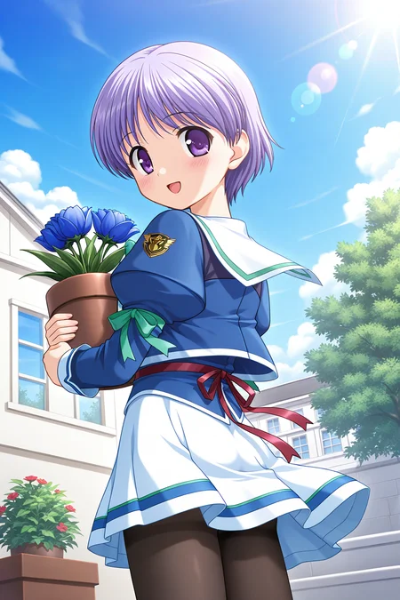 masterpiece, best quality, absurdres, official art, official style, rating general BREAK <lora:tachibanachihiro_IL_v1-3-000025:0.7>, tachibana chihiro, 1girl, solo, purple eyes, light purple hair, short hair, bangs, flat chest, winter uniform, school uniform, sailor collar, white sailor collar, green bowtie, blue jacket, juliet sleeves, emblem, arm ribbon, green ribbon, purple vest, back bow, red ribbon, white skirt, blue line skirt, miniskirt, black pantyhose, flat ass, smile, blush, open mouth, standing, holding potted plant, cowboy shot, wind lift, looking back, looking at viewer, close-up, from below, dutch angle, potted plant, blue flower, building, window, outdoors, tree, day, blue sky, cloud, sunlight, sun, lens flare