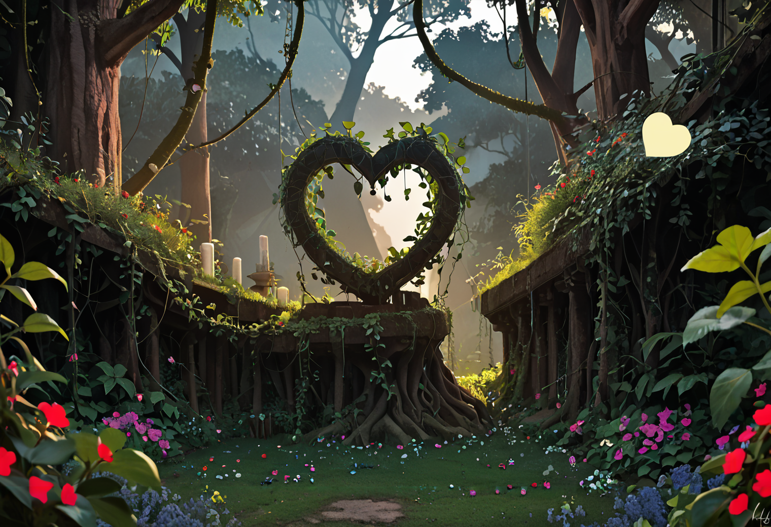 (Garden of Eros), overgrown ruins, vines, (heart-shaped fountains:1.12), hidden grottos, 
(romantic cozy setting:1.24), (heart decorations:1.2),  fantasy, nature, mystical, serene, seclusion,(Afternoon (haze:1.15), yellowish light),p8<lora:sdxl\oldPhoto_v1.0.safetensors:0.86:0.18>  <lora:sdxl\incase_style_v3-1_ponyxl_ilff.safetensors:0.95:0.15>, 
p8,s7
