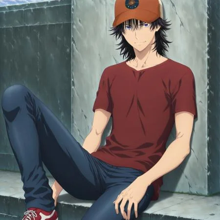masterpiece,best quality,very aesthetic,absurdres,4k,8k,intricate detail,amazing quality,anime coloring, anime screencap, ((1male focus, solo boy focus, one character only)), anime, anime screencap, perfect eyes, perfect anatomy, perfect hands, handsome, attractive, sexy, good-looking, ((Sora Takeuchi, black hair, medium-length hair, messy hair,, ballcap, dark red t-shirt, dark blue jeans, sneakers, , Sora Takeuchi, black hair, medium-length hair, messy hair, ballcap, dark red t-shirt, dark blue jeans, sneakers,)), violet eyes, relaxed, smile, front view,