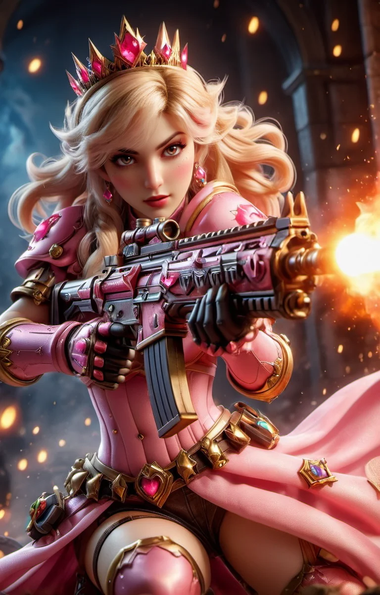 ((hyperrealistic)) cinematic photo of sexy Princess Peach from Super Mario Brothers with Assault Rifle, action scene in bowsers castle, lava balls,
35mm photograph, film, bokeh, professional, 4k, highly detailed, <lora:XL_Weapon_Assault_Rifle_-_By_HailoKnight:0.85><lora:EnvyActionShotXL01:0.65>, <lora:add-detail-xl:0.6>