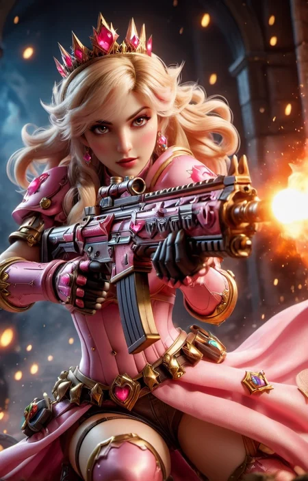 ((hyperrealistic)) cinematic photo of sexy Princess Peach from Super Mario Brothers with Assault Rifle, action scene in bowsers castle, lava balls,
35mm photograph, film, bokeh, professional, 4k, highly detailed, <lora:XL_Weapon_Assault_Rifle_-_By_HailoKnight:0.85><lora:EnvyActionShotXL01:0.65>, <lora:add-detail-xl:0.6>