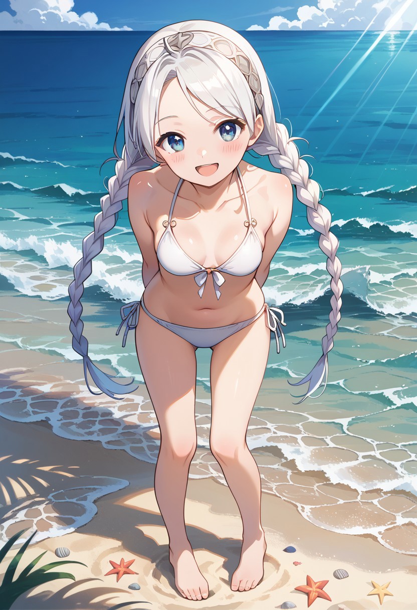 score_9, score_8_up, masterpiece, best quality, correct anatomy, detailed background, anime_source, 1girl, solo, alone, outdoors, beach, sea, barefoot, bare shoulders, exposed belly,
nina,white hair, long braids, twin braids, blue eyes, white headband, buttoned headband, white bikini,
standing, happy smile, open mouth, blush, arms behind back, leaning forward, looking at viewer