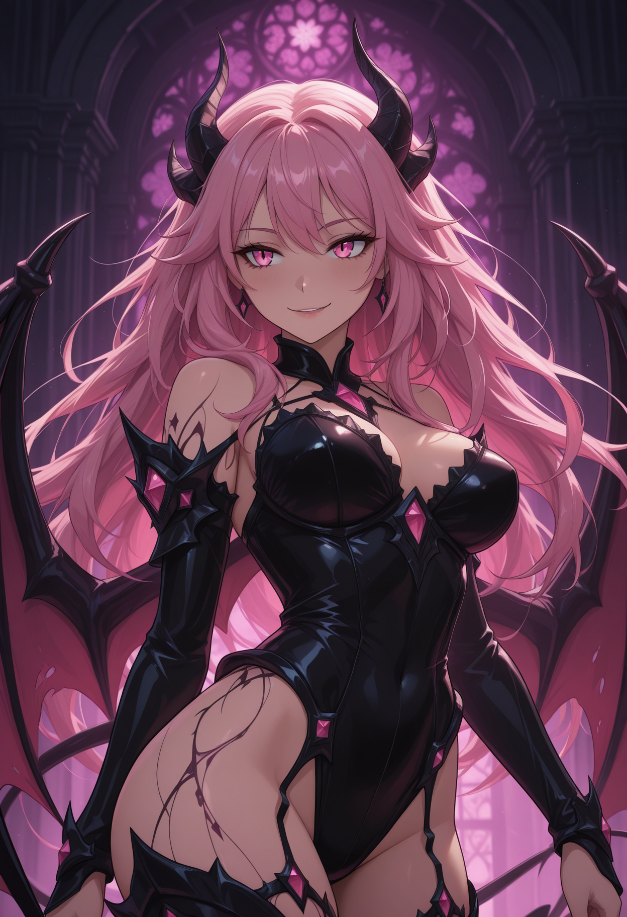 score_9, score_8_up, score_7_up, score_6_up, dynamic, (anime, masterpiece), best quality, (8k), detailed background, sharp focus, intricate, ambient lighting, super high quality, hyper detailed background, cinematic lighting, adult, double tone long pastel pink hair, medium breasts, sexy look, barely clothed, daemon skin, demon girl, demon wings, demon tail, devious, seductive, demon, alluring, verybadimagenegative_v1.3, posing, smiling deviously, <lora:CatGirlStyle\CatgirlStyle-000014>, CatGirlStyle