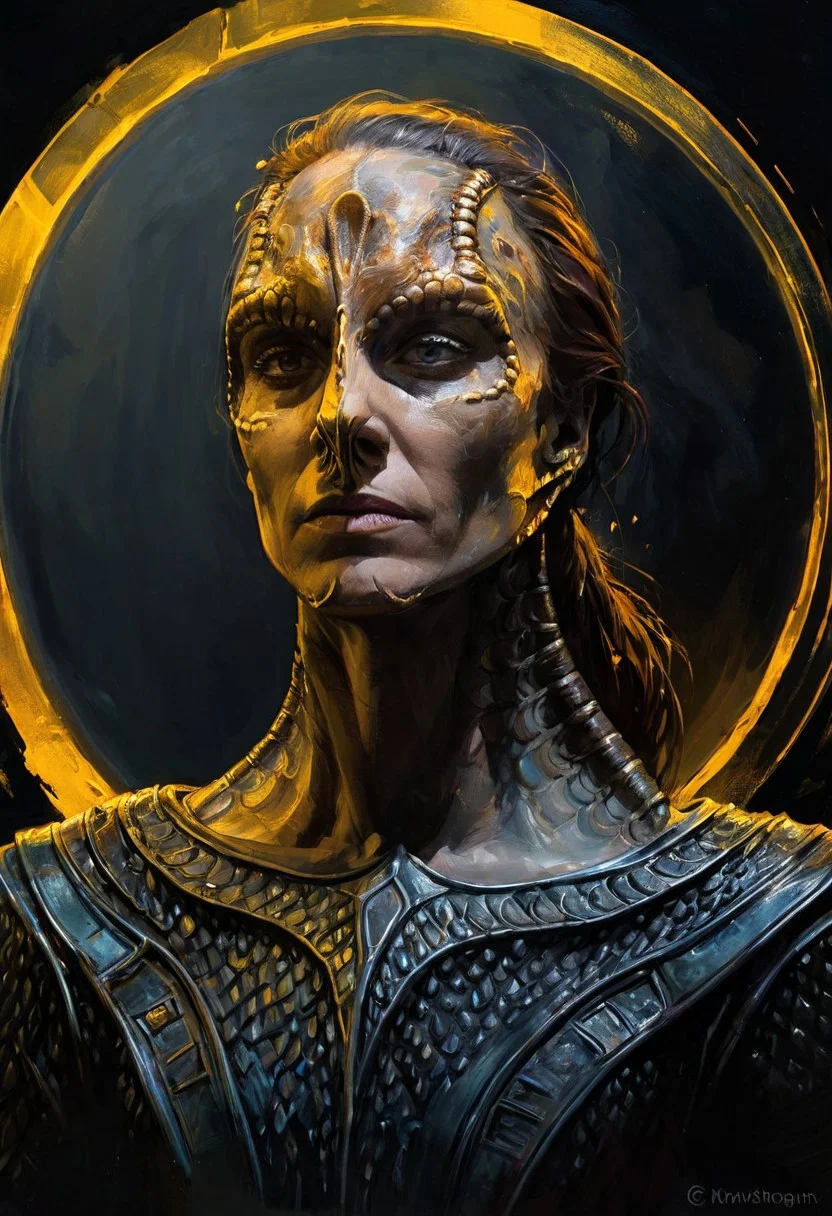 (a female c4rd45514n alien, forehead crest, grey skin, ridges, scales), approaching perfection, dynamic, moody, darkness, shadows, dark, sinister, pitch black, highly detailed, black ancient rusty knight armor, digital painting, artstation, concept art, smooth, sharp focus, illustration, art by Carne Griffiths and Wadim Kashin, dark black colors, good shadows, dim lit, devoid of color, low light, back light, hidden, obscured, black hue in hair, mirrors, prisms, reflection, refraction, prismatic, monolith, obsidian, bright yellow god rays, sun circle