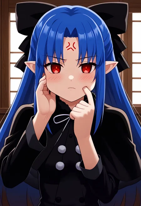 score_9, score_8_up, 1girl, len, kuro, source_anime, anime screencap, anime coloring, 2d, Expressiveh, beautiful blue hair, long hair, half updo, parted bangs, hair ribbon, black ribbon, , perfect shiny hair, pointy ears, ultra-detailed eyes, beautiful crimson red eyes, beautiful feminine face, perfect face, beautiful skin details, perfect slender proportions, ultra-narrow, waist, ultra-flared hips,, thin tighs, shapely legs, skindentation, black dress, buttoned up, capelet, fur trimmed neck, dress skirt, tigh highs, black tights, zettai ryouiki, tigh squish, indoors, detailed background, resort cabin, <lora:pinching-ponyxl-lora-nochekaiser:1>, pinching, cheek pinching, cheek pull, hand on another's face,, blush, anger vein, pov hands, closeup on face, looking at viewer, zPDXL2