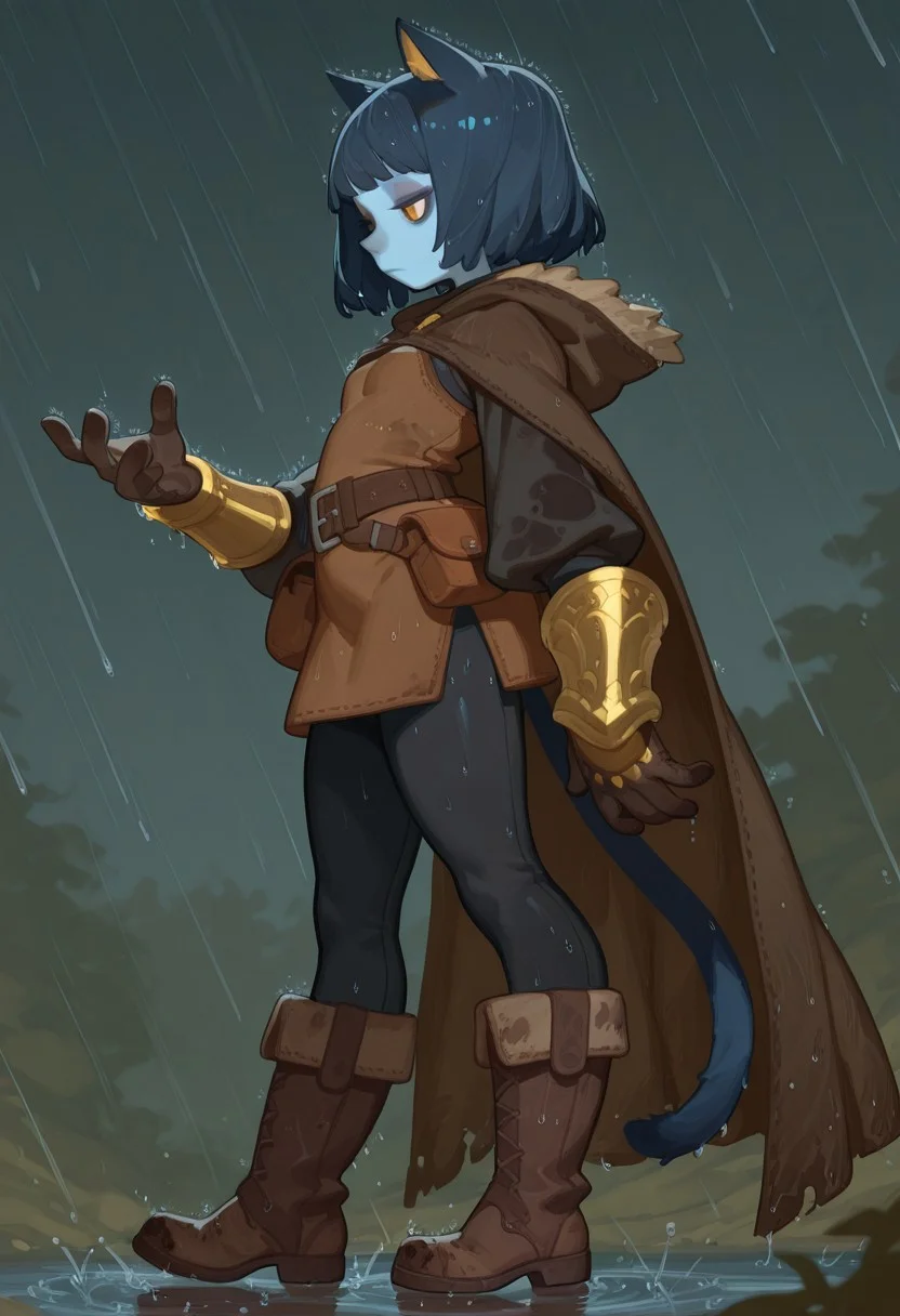 F3n6l1, masterpiece, very aesthetic, absurdres, (solo:1.5),
expressive eyes, beautiful detailed eyes:1, perfect face, thief cloak, fur trim, long sleeve tunic, belt, satchel, black leggings, boots, long gloves, long boots, skirt, dirty clothes, dark clothing, brown and black clothes, thick clothes, bracers, rogue, thief, fantasy, woods, hood down, thick gloves, gold forearm bracers, fantasy medieval town, blue cat ears, blue cat tail, (blue skin: 1.4), colored skin, yellow eyes, cat pupils, dark blue hair, medium hair, bobcut, bored, jitome, blue eyeshadow, flat breasts, medium hips, short, dark blue ears, dark blue tail, gold inner ear, gold details, raining, wet clothes, wet skin, wet hair, (5fingers:1.4), full body, view from side, high angle,