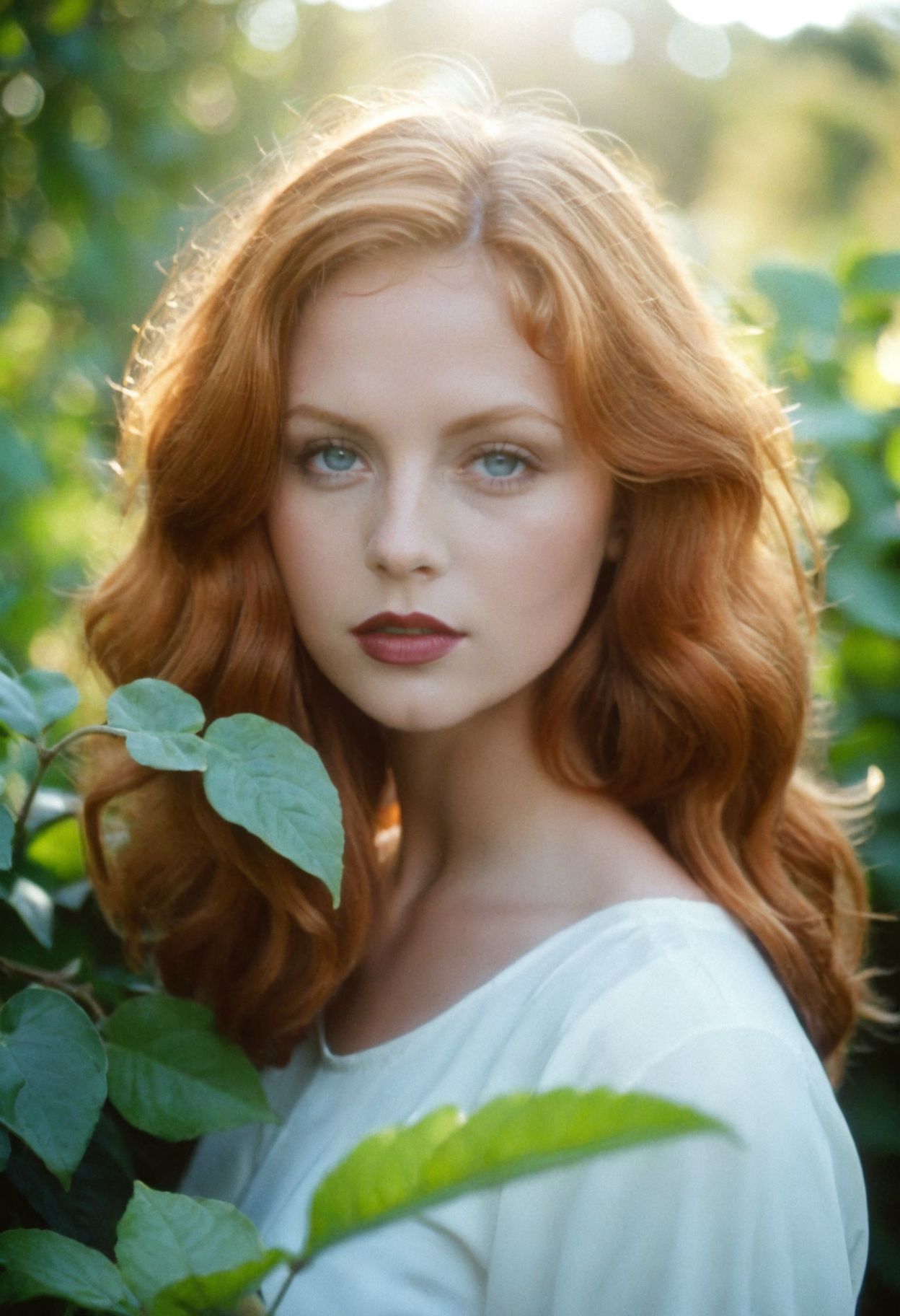 ((CinematicPortrait analog photo)) ginger woman outdoors, blue eyes, (glossy dark lipstick), (vegetation), ((soft focus, depth of field, film grain, looking at viewer)) <lora:CinematicPortraitXL_v3:0.65>