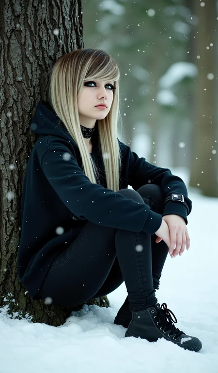 Emo_JBX style, realistic cinematic side-profile portrait of a young woman sitting under a large tree in a snowy forest, with a long emo haircut featuring sleek, straight layers and long, side-swept bangs that cover one eye; her light brown hair with soft blonde highlights flows over her shoulders and reaches down to her chest; wearing dramatic black winged eyeliner that accentuates her eyes, along with a black lace choker, oversized dark hoodie, fitted skinny jeans, and black high-top sneakers; she sits with her knees pulled close, hugging them for warmth, viewed from a side angle; snow falls gently around her, with snowflakes settling on her hair and clothes, creating a light dusting; her expression is calm and introspective, gazing slightly to the side while sheltering beneath the tree; the forest background is softly blurred with muted greens and whites, with diffused light filtering through the overcast sky, enhancing the serene, wintry atmosphere, (Emo_JBX:1.1500000000000001)<lora:Emo_JBX_flux.safetensors:1.0:1.0> <lora:Flux_Detailer2K.safetensors:1:1>