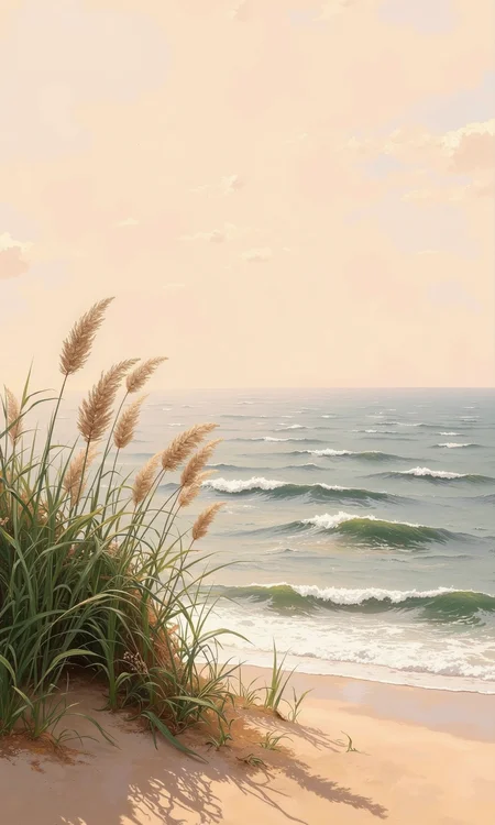 Full outdoor shot of a beach scene at sunrise or sunset.
The foreground shows light tan sand with some subtle texture. A clump of tall, green grass or reeds is centered in the lower portion of the image. Several light beige-tan, feathery pampas grass or similar plants are emerging from the clump, their plumes extending upward and outward, catching the ambient light.
The mid-ground features the ocean or sea, a calm body of water with rippled bands of varying shades of blue-gray, indicating shallow areas and subtle waves.
The background presents a soft gradient of colors, transitioning from a peachy-pink hue in the sky to a dusky gray-blue as it meets the ocean line. The sky reveals clouds/haze, diffused light, and a sense of the early or late daylight hours. The lighting suggests a calm and peaceful atmosphere.
<lora:FLUX-daubrez-DB4RZ-v2:1> DB4RZ, DB4RZ style painting