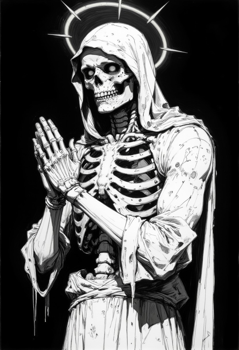 This is a black-and-white, highly detailed rough drawing sketch of a mummified skeleton with a halo, positioned in a prayerful pose. The skeleton's ribcage is exposed, and it wears tattered, white cloth draped over its shoulders. The background is dark, creating a stark contrast that emphasizes the skeleton's skeletal structure. The lighting is focused on the skeleton, highlighting its intricate details. The camera angle is slightly above and to the side, capturing the skeleton's head and upper torso in profile.