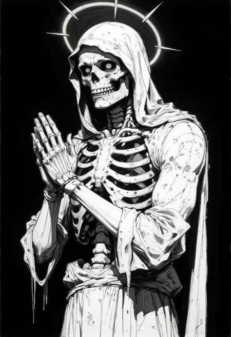 This is a black-and-white, highly detailed rough drawing sketch of a mummified skeleton with a halo, positioned in a prayerful pose. The skeleton's ribcage is exposed, and it wears tattered, white cloth draped over its shoulders. The background is dark, creating a stark contrast that emphasizes the skeleton's skeletal structure. The lighting is focused on the skeleton, highlighting its intricate details. The camera angle is slightly above and to the side, capturing the skeleton's head and upper torso in profile.
