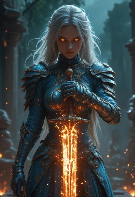 "Create a hyper-realistic depiction of a powerful, mysterious warrior infused with cosmic energy, set against an ancient, moonlit temple. The character embodies a seamless blend of elegance and strength, wearing a sleek, form-fitting suit with intricate metallic accents and glowing cyan and orange veins, mirroring a fiery core of energy encased in a futuristic orb. Her mask partially conceals her identity, with striking, piercing eyes that radiate confidence and intrigue. The environment reflects the mystical aura, featuring a serene pool reflecting the full moon, ancient ruins, and glowing lanterns, while incorporating elements of molten lava and fiery tendrils spreading across the scene, blending technology with nature. The orb’s influence is visible, creating cracks of molten energy along her armor and the ground beneath her. The scene is rendered with cinematic lighting, capturing subtle details in texture, reflections on water, and a balance between the cool moonlight and the fiery warmth of the orb. The atmosphere is charged with mystery and power, emphasizing the fusion of human and elemental forces."