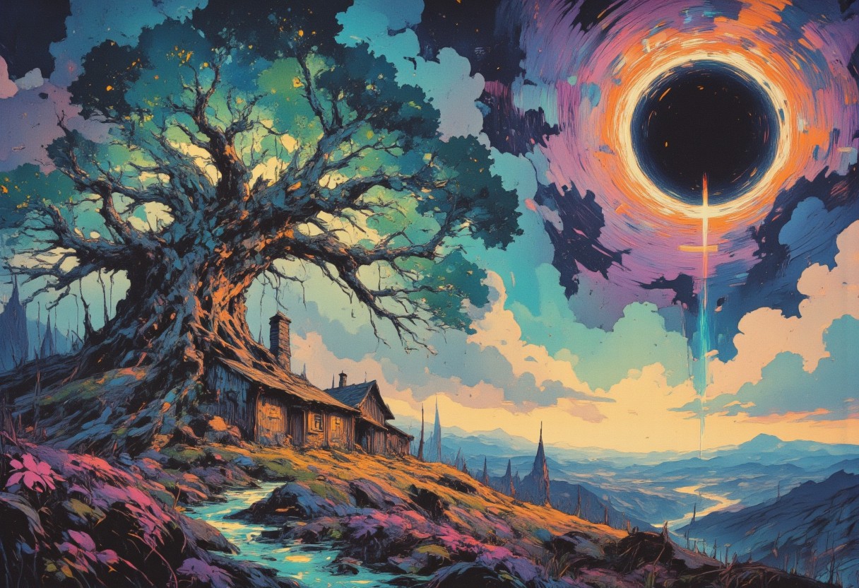 A breathtaking, hyper-detailed masterpiece, HD, 8K quality, depicting a luminous bonsai tree of colossal proportions, its intricate branches twisting and curling in random, surreal patterns. The tree glows softly with ethereal hues of turquoise, lavender, and gold, its luminous leaves shimmering like delicate gemstones. Beneath its sprawling canopy, the roots curve and intertwine, forming a labyrinthine structure that glows faintly, as if imbued with the life force of the land itself.
Above, a massive black hole looms in the vibrant sky, its edges swirling with vivid streaks of violet and deep gold, pulling in fragments of light and casting an eerie, otherworldly glow over the scene. The black hole’s gravitational pull subtly distorts the atmosphere, creating rippling, dreamlike waves of light and shadow across the luminous landscape.
Nestled beside the towering bonsai tree is a small, rustic house with a curved roof, glowing windows, and an inviting, warm light emanating from within. The house's simplicity contrasts beautifully with the fantastical surroundings, its wooden walls blending naturally into the luminous land. The ground is covered in radiant grass and flowers that emit a soft bioluminescent glow, while streams of liquid light meander across the terrain, creating an otherworldly, enchanted ambiance.