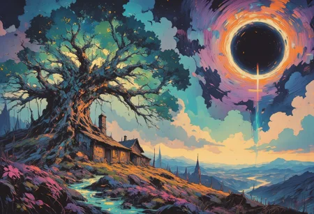 A breathtaking, hyper-detailed masterpiece, HD, 8K quality, depicting a luminous bonsai tree of colossal proportions, its intricate branches twisting and curling in random, surreal patterns. The tree glows softly with ethereal hues of turquoise, lavender, and gold, its luminous leaves shimmering like delicate gemstones. Beneath its sprawling canopy, the roots curve and intertwine, forming a labyrinthine structure that glows faintly, as if imbued with the life force of the land itself.
Above, a massive black hole looms in the vibrant sky, its edges swirling with vivid streaks of violet and deep gold, pulling in fragments of light and casting an eerie, otherworldly glow over the scene. The black hole’s gravitational pull subtly distorts the atmosphere, creating rippling, dreamlike waves of light and shadow across the luminous landscape.
Nestled beside the towering bonsai tree is a small, rustic house with a curved roof, glowing windows, and an inviting, warm light emanating from within. The house's simplicity contrasts beautifully with the fantastical surroundings, its wooden walls blending naturally into the luminous land. The ground is covered in radiant grass and flowers that emit a soft bioluminescent glow, while streams of liquid light meander across the terrain, creating an otherworldly, enchanted ambiance.