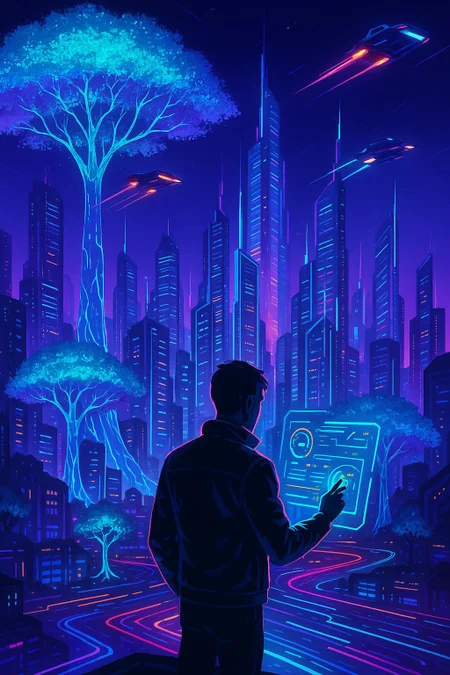 Create a futuristic cityscape where nature and technology coexist harmoniously. The skyline should be dotted with towering, bioluminescent trees and sleek, glass-like skyscrapers. The streets glow with digital neon lights, and flying cars zip through the air, leaving trails of light. In the foreground, a figure stands, gazing at the horizon, with a holographic interface in hand, interacting with the environment. Use vibrant colors and bold contrasts to bring this utopian world to life.