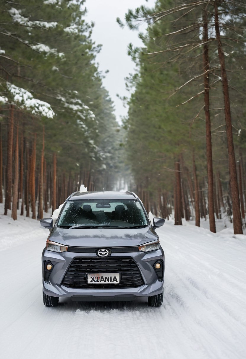 high resolution, best quality, Car, Daihatsu Xenia, Snow-covered road, pine forest, winter day,