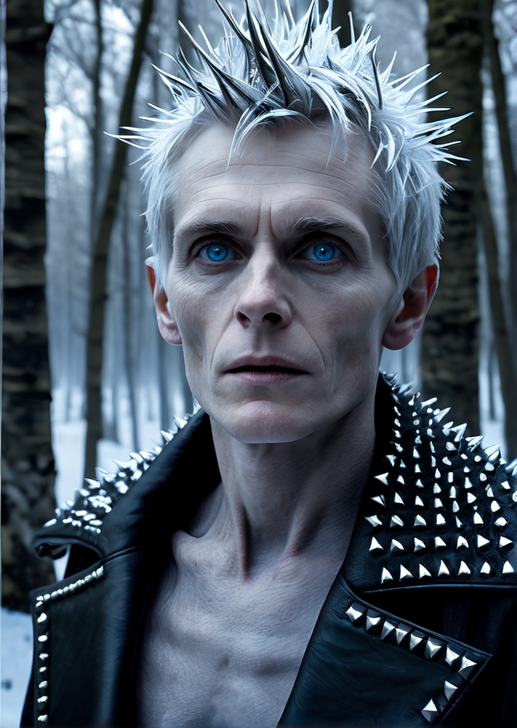 Photo of Judders, wearing a frozen black leather coat, in a frozen winter woodland, (detailed beautiful face, detailed, ultra-detailed body:1.1),best quality,photo-realistic,highly detailed,absurdres,cinematic lighting,hyper-realistic,sharp focus,32k resolution,detailxl,SimplePositiveXLv2,
