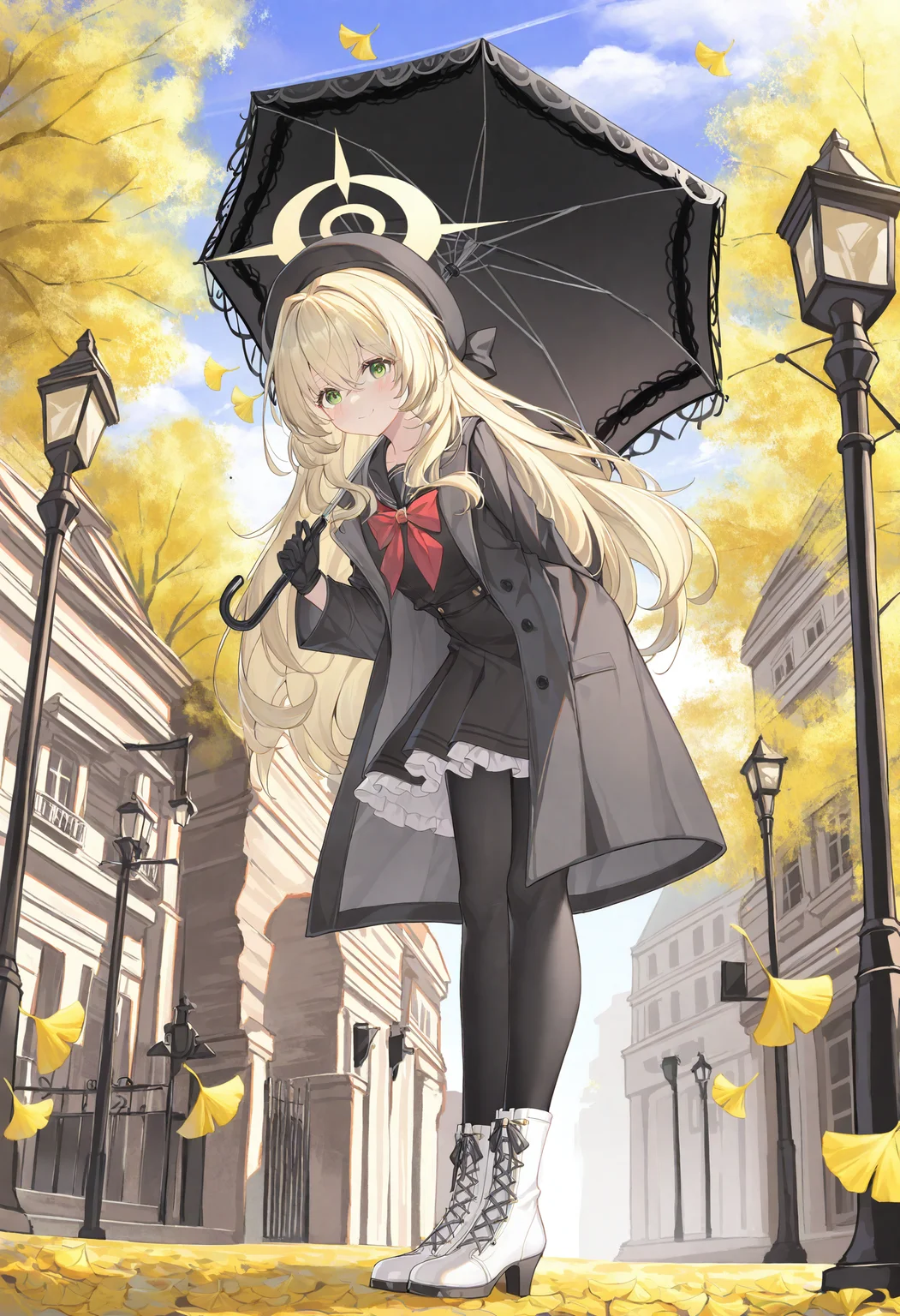1girl, halo, green eyes, solo, gloves, ginkgo leaf, long hair, boots, black gloves, umbrella, blonde hair, looking at viewer, black pantyhose, white footwear, yellow halo, pantyhose, outdoors, smile, holding umbrella, beret, holding, leaf, closed mouth, black headwear, coat, hat, black dress, full body, long sleeves, dress, black coat, autumn leaves, open clothes, neckerchief, frills, black umbrella, hair between eyes, tree, open coat, sky, sailor collar, high heel boots, leaning forward, black serafuku, architecture, day, falling leaves, lamppost, parasol, blush, building, black shirt,
masterpiece,best quality,newest,absurdres,highres,very awa,<lora:alguang1_noob1.1-000178:0.8>,
