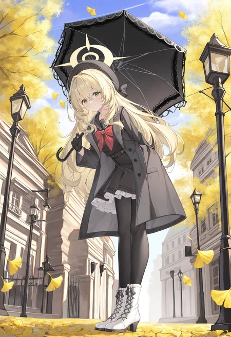 1girl, halo, green eyes, solo, gloves, ginkgo leaf, long hair, boots, black gloves, umbrella, blonde hair, looking at viewer, black pantyhose, white footwear, yellow halo, pantyhose, outdoors, smile, holding umbrella, beret, holding, leaf, closed mouth, black headwear, coat, hat, black dress, full body, long sleeves, dress, black coat, autumn leaves, open clothes, neckerchief, frills, black umbrella, hair between eyes, tree, open coat, sky, sailor collar, high heel boots, leaning forward, black serafuku, architecture, day, falling leaves, lamppost, parasol, blush, building, black shirt,
masterpiece,best quality,newest,absurdres,highres,very awa,<lora:alguang1_noob1.1-000178:0.8>,