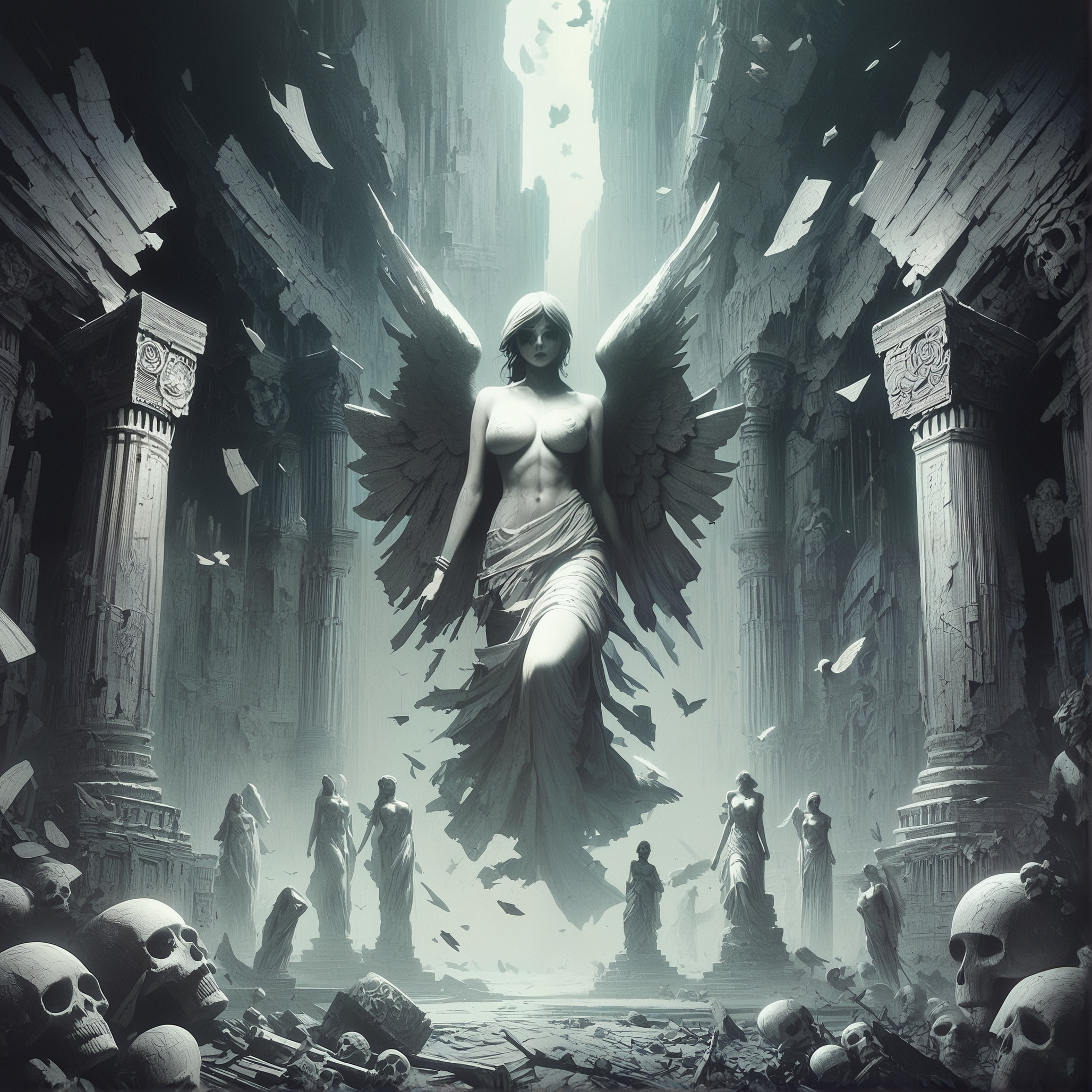 score_9_up, score_8_up, score_7_up, score_6_up, score_5_up, gothic, digital illustration, flat colors, line art, heavy film grain, fallen angel statue, woman, pretty, large bare breasts, marble, broken wings, skeletons, ancient ruins, vast barren landscape, dark atmosphere, eerie

