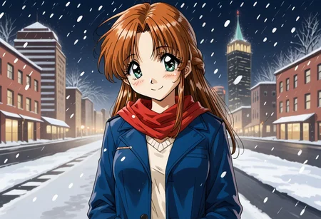 detailed background, shiny skin, rating safe, <lora:komirin.pony:1.0>, komirin, seina, looking at viewer, smile, medium breasts, blue coat, long sleeves, open coat, white sweater, red scarf, outdoors, Denver (city, Colorado), building, road, snowing