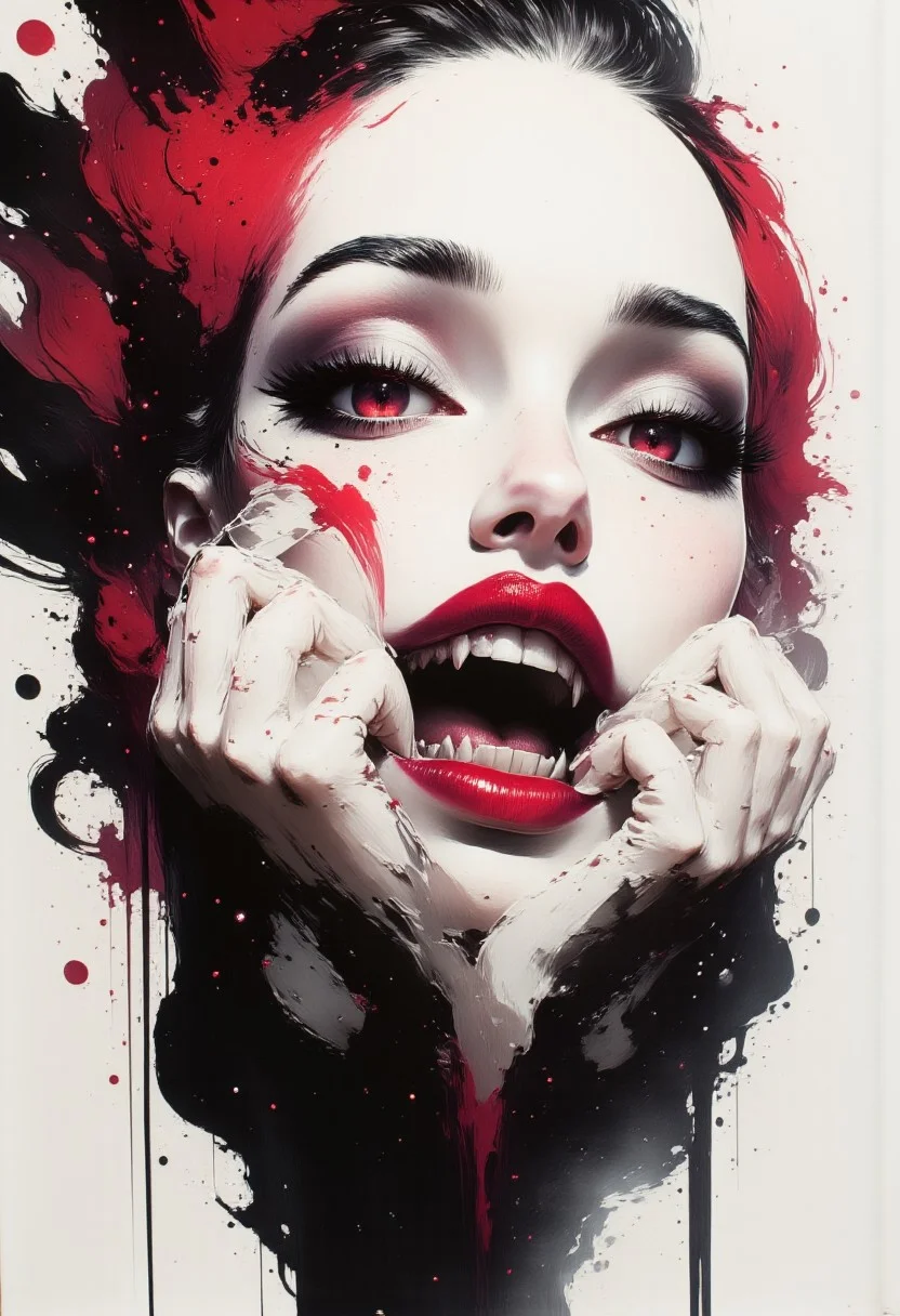 Silhouette Art, breathtaking detailed, masterpiece, awe-inspiring, radiant, magnificent, aidmainkstyle, portrait of stunning oriental female vampire, long white hair, lips parted, fangs, seductive, filmy, gauzy, see-through top, sultry, lustful, red eyes, red lips, erotic, nsfw