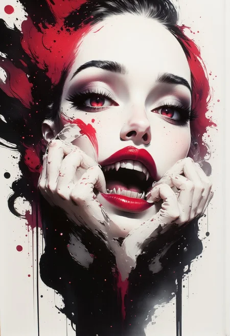 Silhouette Art, breathtaking detailed, masterpiece, awe-inspiring, radiant, magnificent, aidmainkstyle, portrait of stunning oriental female vampire, long white hair, lips parted, fangs, seductive, filmy, gauzy, see-through top, sultry, lustful, red eyes, red lips, erotic, nsfw