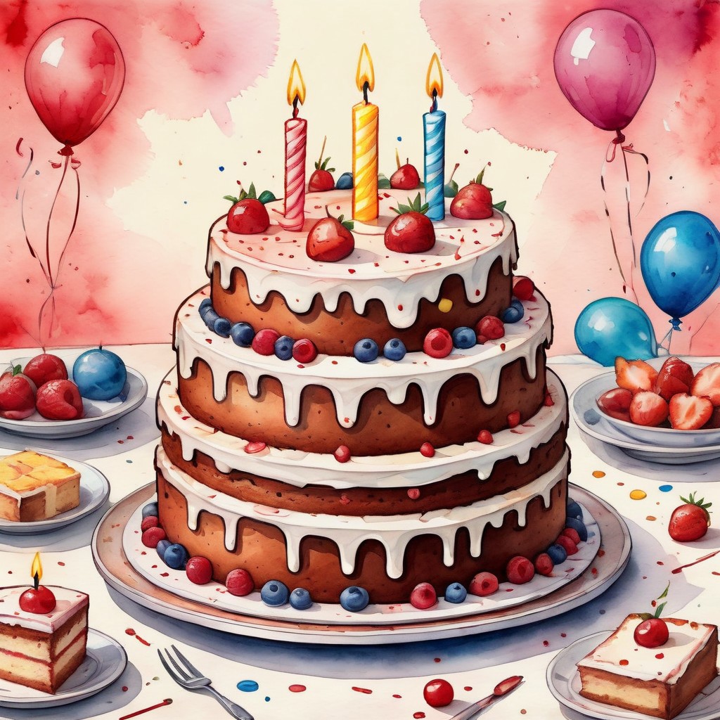 birthday cake, watercolor painting, intricate details,8k​, children's book illustration style