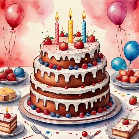 birthday cake, watercolor painting, intricate details,8k​, children's book illustration style