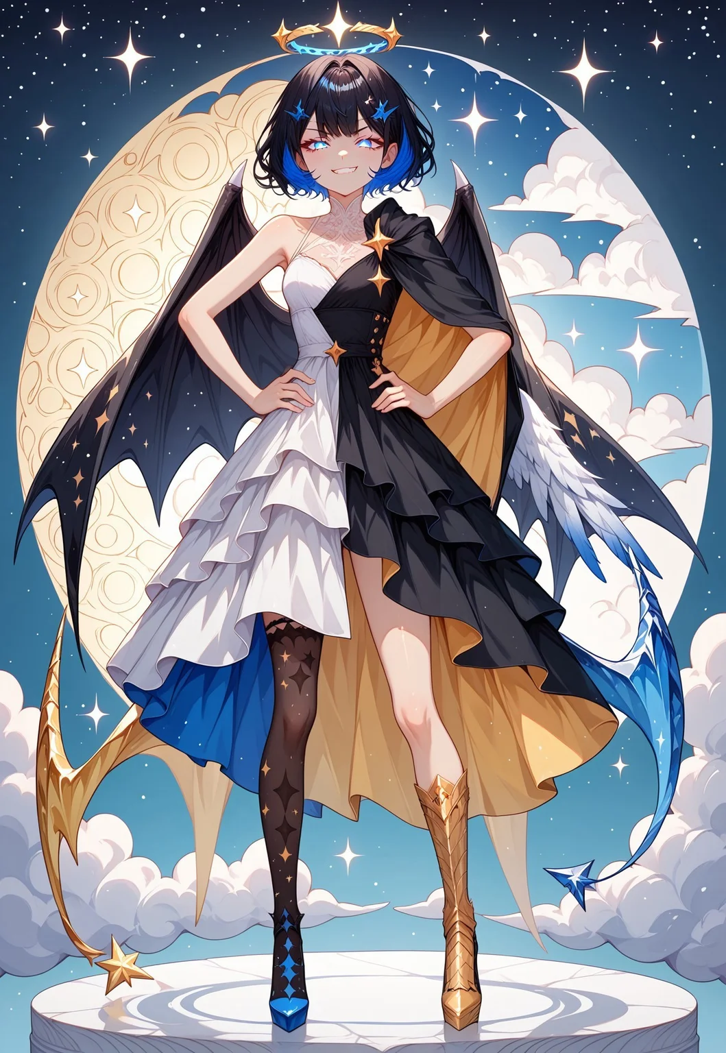 score_9, score_8_up, score_7_up, score_6_up, score_5_up, score_4_up , 1girl, Shion Tachibana, short hair, black hair, multicolored blue hair, blue crystal eyes, hair ornament, masterpiece, best quality, absurdres,
(split theme, dual persona, polar opposites:1.3),
angel girl, demon girl, (asymmetrical clothes), white dress, black dress, multicolored dress, asymmetrical dress, gold tiara, spiked tiara, halo, black halo, angel wings, demon wings, mismatched wings, asymmetrical wings, golden cape, black cape, asymmetrical legwear, armored boots, high heels, spl1th41r, two tone hair,
(clouds and stars, golden gates), (sparkles, sparkling scales), sharp focus, (glossy gold clothing, glittering gold fabric),
standing, straight-on, legs apart, hands on hips, clenched hands, full body, looking at viewer, smirk, smug, half-closed eyes, glowing eyes,
intricate, highly detailed, majestic, shallow depth of field, movie still, circular polarizer